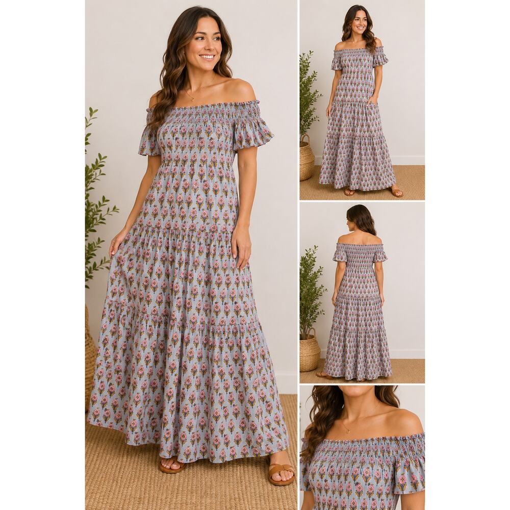 Marea Maxi Dress Women Off Shoulder Smocked Blue Pink Floral Cotton Boho Resort